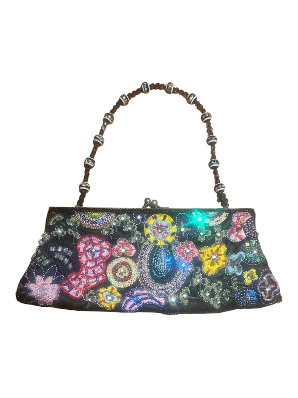 🖤Vintage LaRegale Beaded Floral Embroidered Black Evening Clutch w Strap
